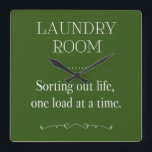 Sorting Out Life One Load At A Time Green Laundry Square Wall Clock<br><div class="desc">This funny laundry room clock features the phrase "LAUNDRY ROOM Sorting out life one load at a time" in a combination of white fonts on a green background and accented with vintage elements. Put a little fun back in a boring task!</div>