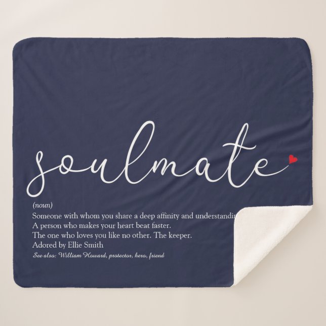 Soulmate Definition Elegant Script Love Heart Blue Sherpa Blanket (Front (Horizontal))