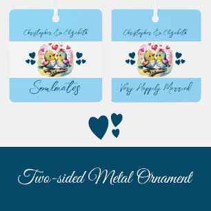 Soulmates cute birds happily married blue metal tree decoration