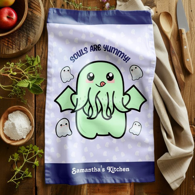 Souls are Yummy Cute Cthulhu Tea Towel (Stay scary, while you’re cooking up spells oops I mean dinner lol. )