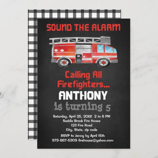 Sound The Alarm! Calling All Firefighter Birthday Invitation (Front/Back)