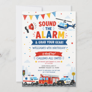 Sound the alarm Emergency Vehicles Birthday Party Invitation