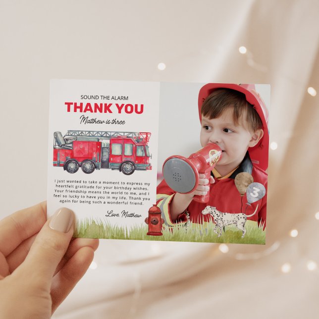 Sound the Alarm Fire Truck Birthday Photo Thank You Card (Creator Uploaded)