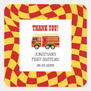 Sound The Alarm Fire Truck Chequered Birthday Square Sticker