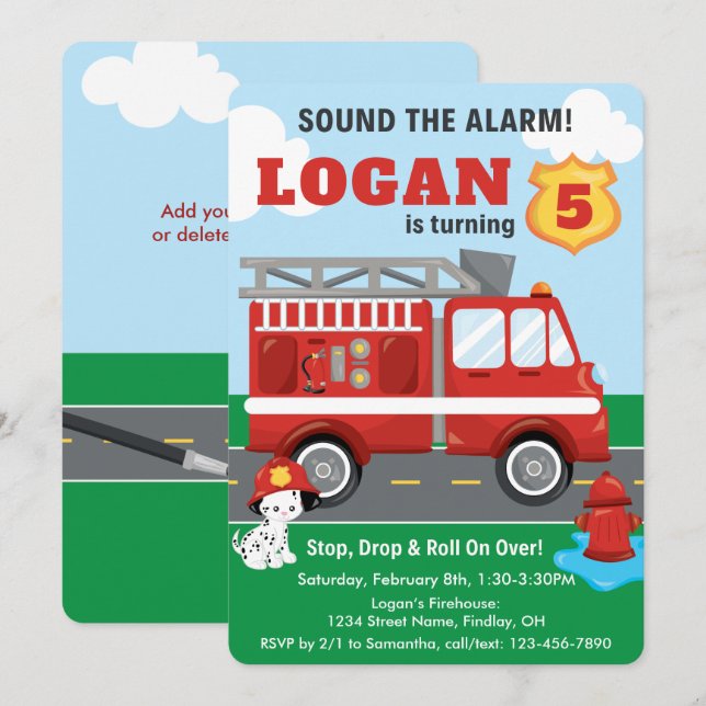 Sound the Alarm Fire Truck Dalmatian Dog Birthday Invitation (Front/Back)