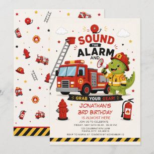 Sound the Alarm Firefighter Dinosaur Birthday Invitation