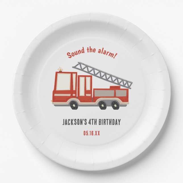 Sound The Alarm Firetruck Birthday Party Paper Plate (Front)