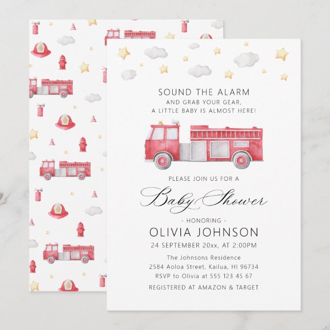 Sound the Alarm Firetruck Firefighter Baby Shower Invitation (Front/Back)