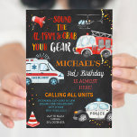 Sound the alarm & Grab your gear Chalkboard Invitation<br><div class="desc">Sound the alarm & Grab your gear Birthday Invitation
Emergency Vehicles Birthday Invitation, 
Police Car Firetruck Birthday Invite Printable First Responders Sound the alarm</div>