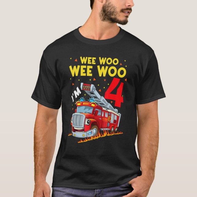 Sound The Alarm I'm 4 Birthday Boy Fire Truck Fire T-Shirt (Front)