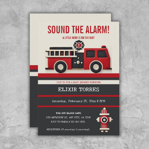 Sound the Alarm Minimalist Firefighter Baby Shower Invitation