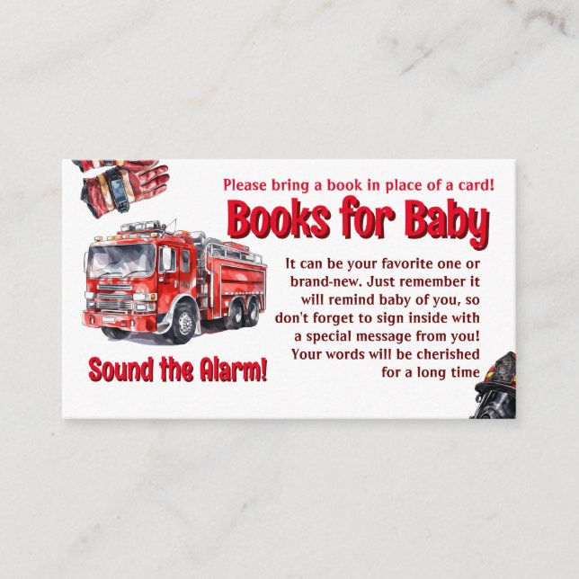 Sound the Alarm Red Fire Truck Baby Shower Game Enclosure Card (Front)
