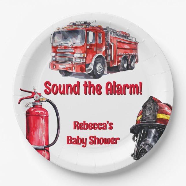Sound the Alarm Red Fire Truck Boy Baby Shower  Paper Plate (Front)