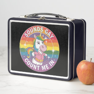 Sounds Gay Count Me In Unicorn Rainbow LGBTQ Metal Lunch Box