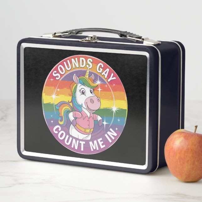 Sounds Gay Count Me In Unicorn Rainbow LGBTQ Metal Lunch Box (In Situ)