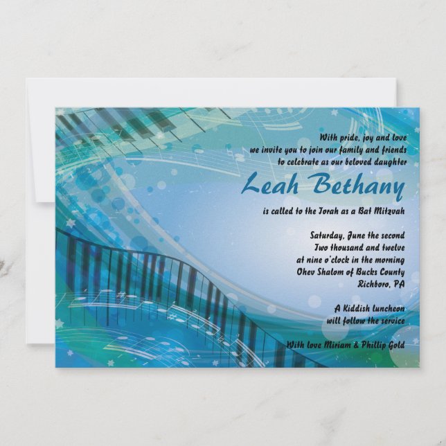 SOUNDS of the PIANO Bat Bar Mitzvah Invitation (Front)