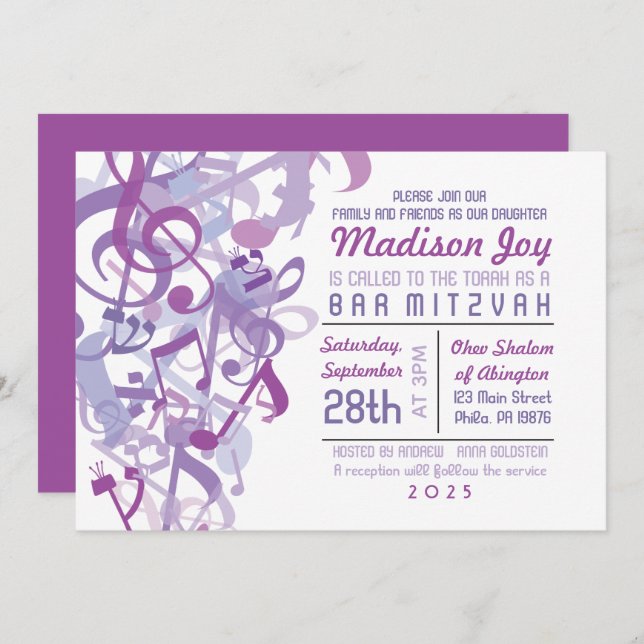 SOUNDS OF THE TORAH Purple Bat Mitzvah Invitation (Front/Back)