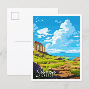 Sounion Greece vintage travel illustration Postcard