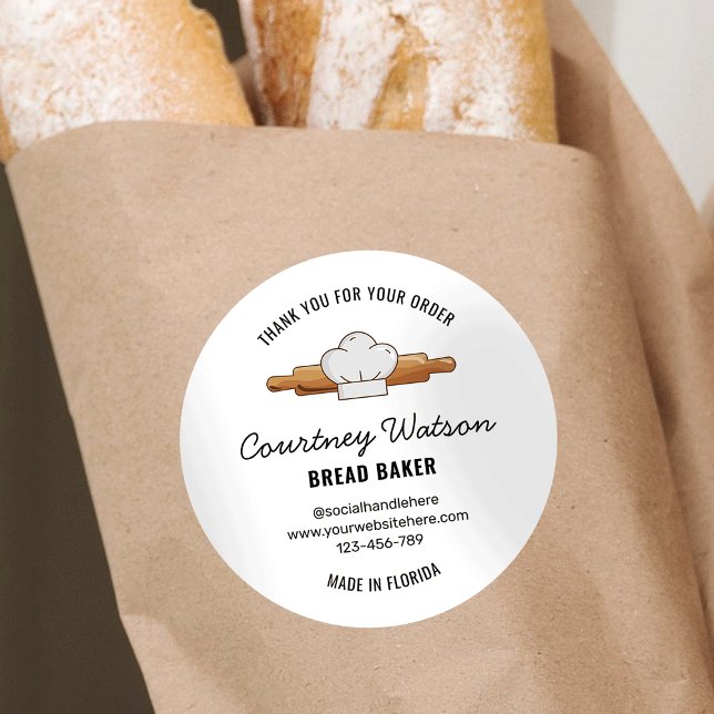 Sourdough Bread Bakery Thank You Label (Bread bakery contact details product label with rolling pin and chef hat illustrations)