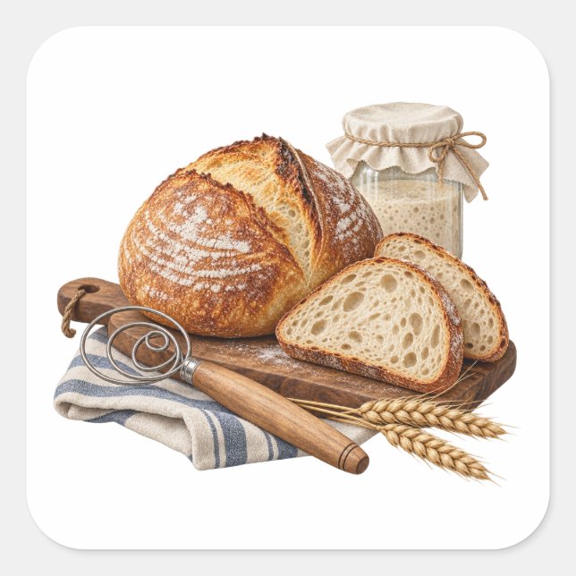 Sourdough Bread Starter and Wheat Square Sticker (Front)