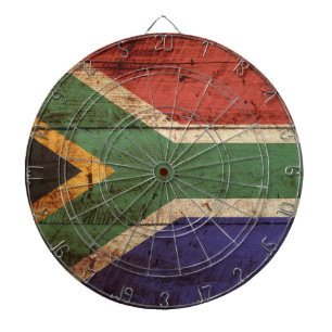 South Africa Flag on Old Wood Grain Dartboard