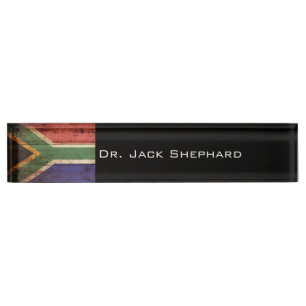 South Africa Flag on Old Wood Grain Nameplate