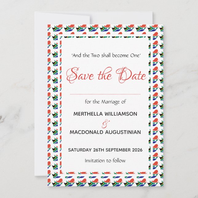 SOUTH AFRICA Patriotic Custom Wedding Celebration Save The Date (Front)