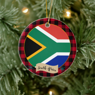 South Africa, Red buffalo plaid & African Flag Ceramic Tree Decoration