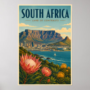 South Africa Table Mountain Illustration Travel Poster