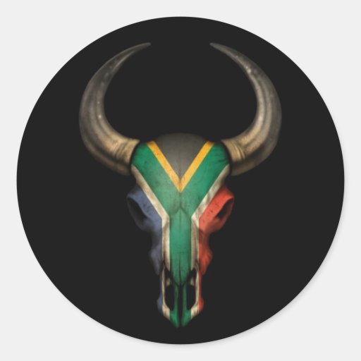 Image of South African Flag Bull Skull on Black Classic Round Sticker