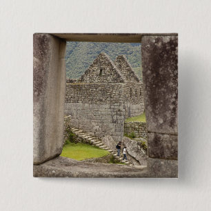 South America, Peru, Machu Picchu. Two tourists 15 Cm Square Badge