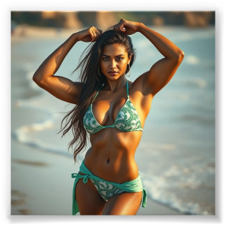 South Asian Fitness Model in Swimwear on Beach Photo Print