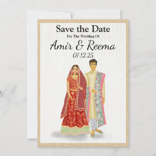 South Asian Illustrated Wedding couple Save The Date