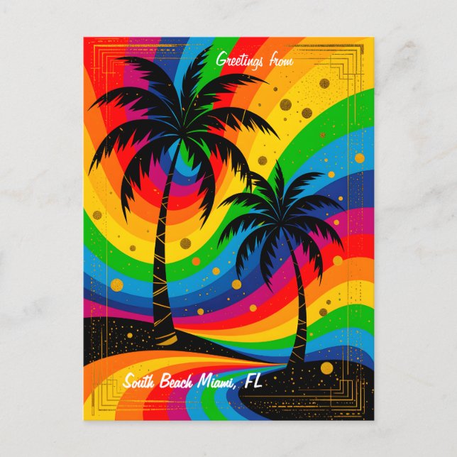 [South Beach Vibes] Colorful Retro Palm Trees Postcard (Front)