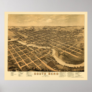 South Bend, IN Panoramic Map - 1874 Poster