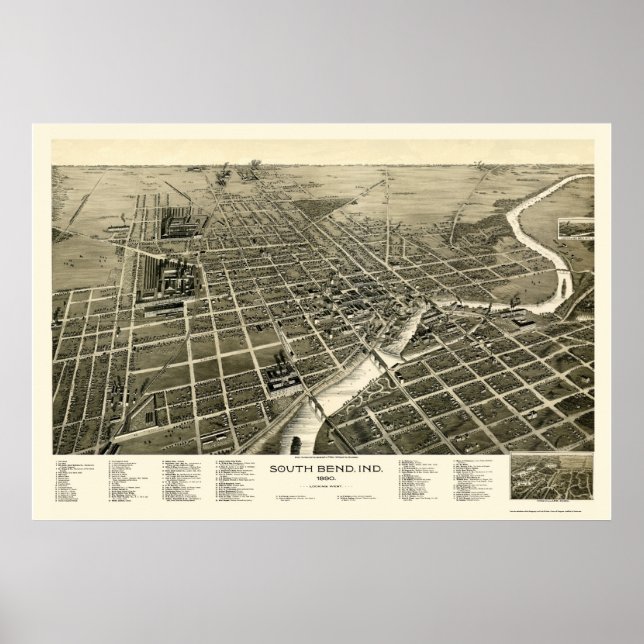 South Bend, IN Panoramic Map - 1890 Poster (Front)