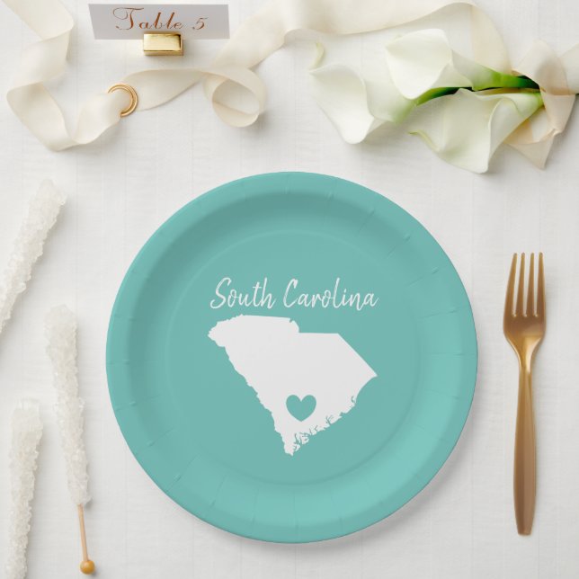 South Carolina Home State Map Love Heart Shape     Paper Plate (Wedding)