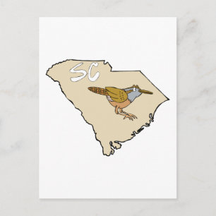 South Carolina Map & Carolina Wren Cartoon Art Postcard