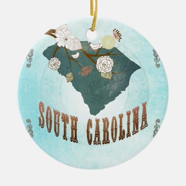 South Carolina Map With Lovely Birds Ceramic Tree Decoration (Front)