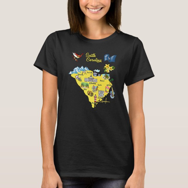 South Carolina Map With Major Cities Tourist Desti T-Shirt (Front)