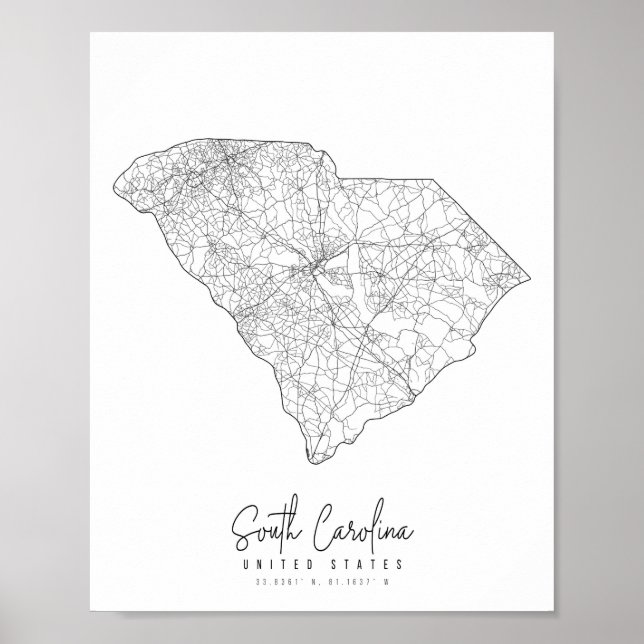 South Carolina Minimal Street Map Poster (Front)