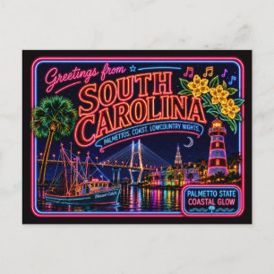 South Carolina Neon State Retro Vintage Postcard