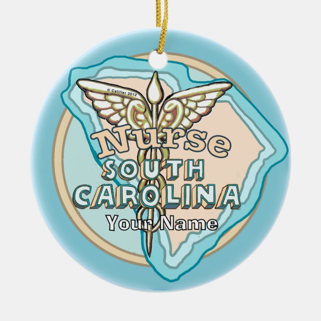 South Carolina Nurse Caduceus  Ceramic Tree Decoration (Front)
