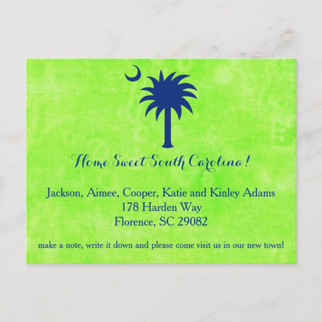South Carolina Palmetto Tree and Moon New Address Announcement Postcard (Front)