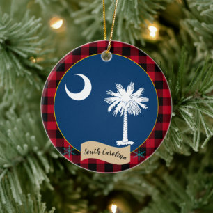 South Carolina, Red buffalo plaid, Carolina Flag Ceramic Tree Decoration