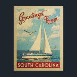 South Carolina Sailboat Vintage Travel Postcard<br><div class="desc">This Greetings From South Carolina vintage travel nautical design features a boat sailing on the water with seagulls and a blue sky filled with gorgeous puffy white clouds.</div>