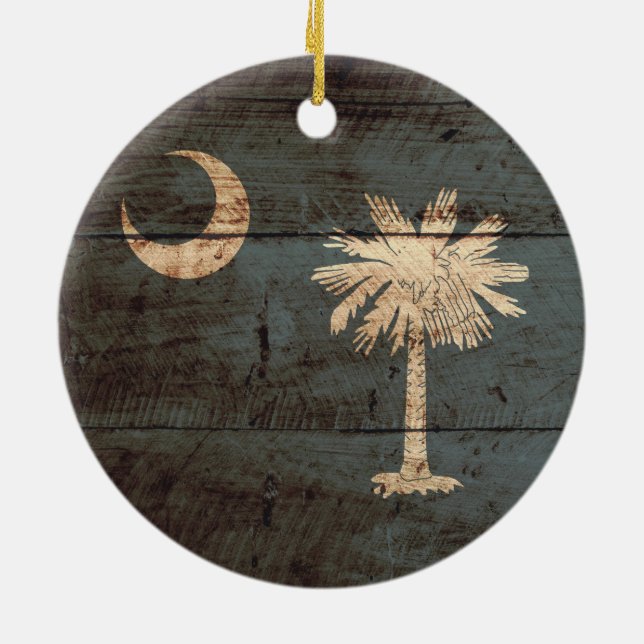 South Carolina State Flag on Old Wood Grain Ceramic Tree Decoration (Back)