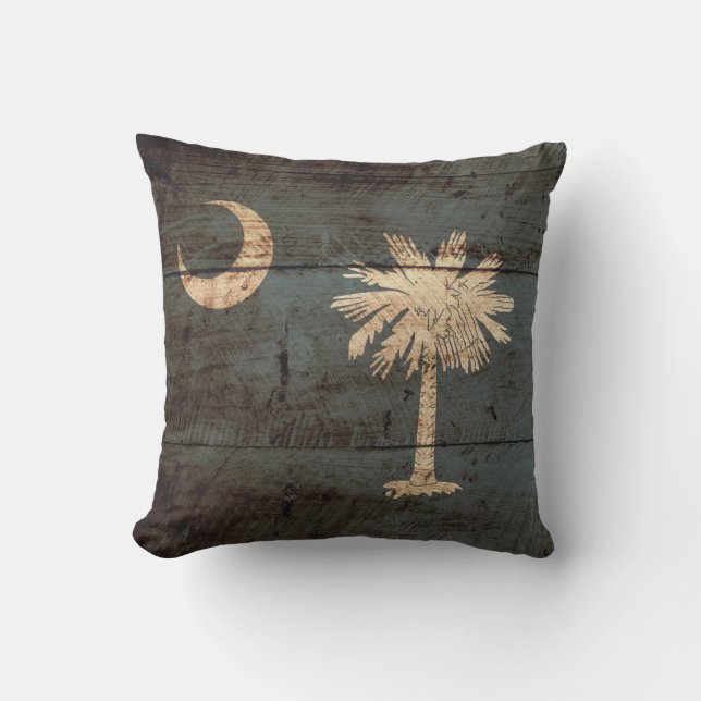 South Carolina State Flag on Old Wood Grain Cushion (Front)