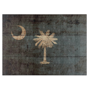 South Carolina State Flag on Old Wood Grain Cutting Board