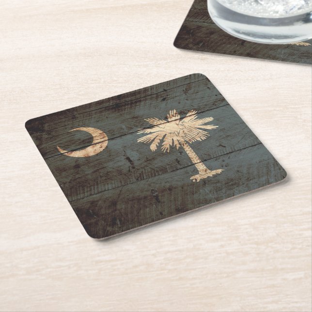 South Carolina State Flag on Old Wood Grain Square Paper Coaster (Angled)